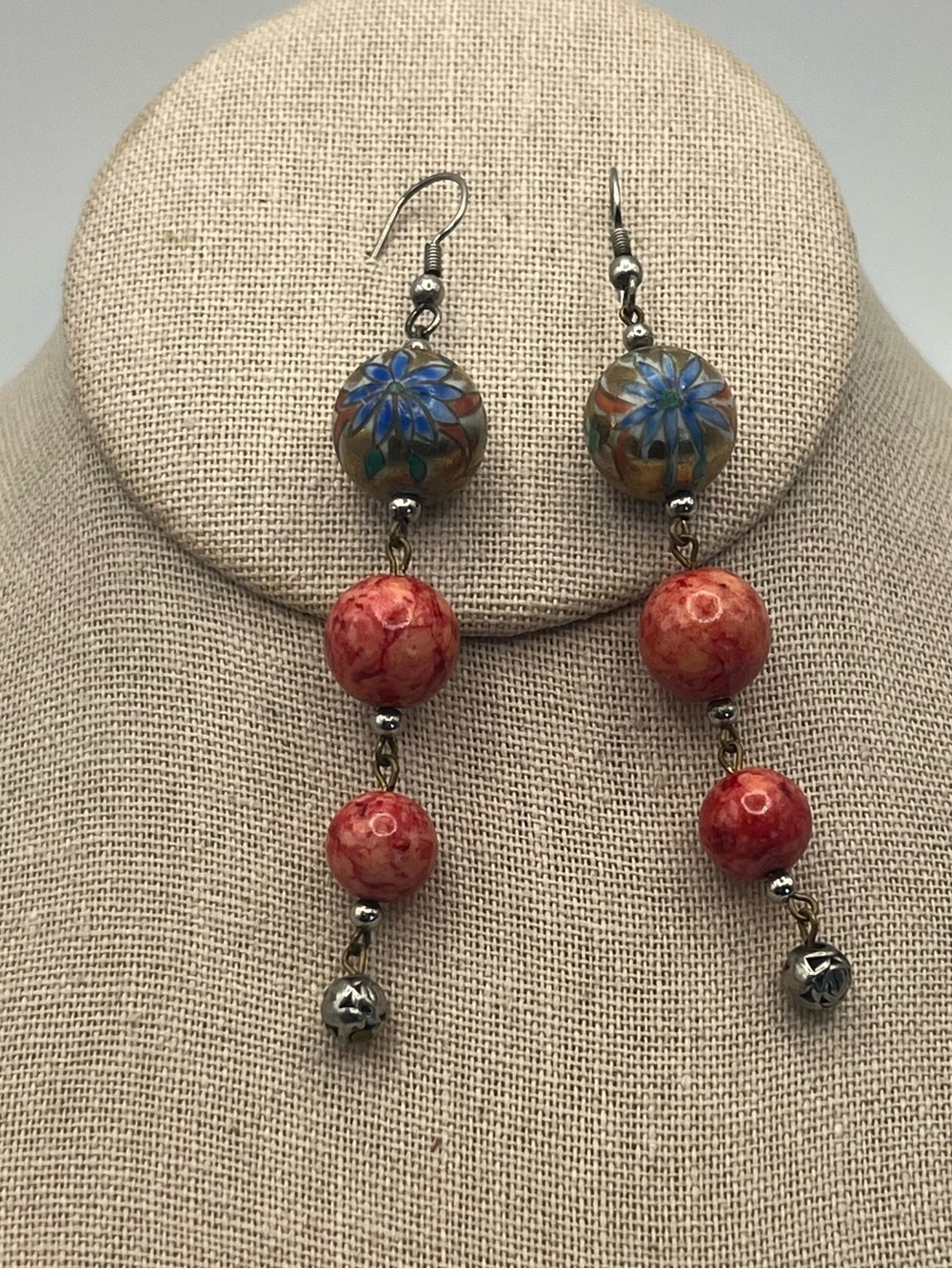 Ceramic Hand Painted Blue Floral & Coral Bead Drop Earrings